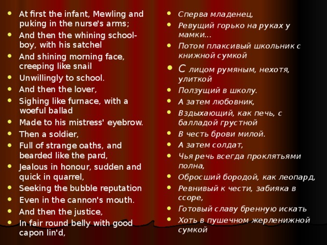 At first the infant, Mewling and puking in the nurse's arms; And then the whining school-boy, with his satchel And shining morning face, creeping like snail Unwillingly to school. And then the lover, Sighing like furnace, with a woeful ballad Made to his mistress' eyebrow. Then a soldier, Full of strange oaths, and bearded like the pard, Jealous in honour, sudden and quick in quarrel, Seeking the bubble reputation Even in the cannon's mouth. And then the justice, In fair round belly with good capon lin'd,  Сперва младенец, Ревущий горько на руках у мамки... Потом плаксивый школьник с книжной сумкой С лицом румяным, нехотя, улиткой Ползущий в школу. А затем любовник, Вздыхающий, как печь, с балладой грустной В честь брови милой. А затем солдат, Чья речь всегда проклятьями полна, Обросший бородой, как леопард, Ревнивый к чести, забияка в ссоре, Готовый славу бренную искать Хоть в пушечном жерленижной сумкой