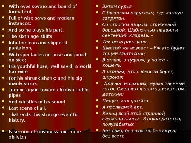 With eyes severe and beard of formal cut, Full of wise saws and modern instances; And so he plays his part. The sixth age shifts Into the lean and slipper'd pantaloon, With spectacles on nose and pouch on side; His youthful hose, well sav'd, a world too wide For his shrunk shank; and his big manly voice, Turning again toward childish treble, pipes And whistles in his sound. Last scene of all, That ends this strange eventful history, Is second childishness and mere oblivion  Затем судья С брюшком округлым, где каплун запрятан, Со строгим взором, стриженой бородкой, Шаблонных правил и сентенций кладезь, - Так он играет роль. Шестой же возраст – Уж это будет тощий Панталоне, В очках, в туфлях, у пояса - кошель, В штанах, что с юности берег, широких  Для ног иссохших; мужественный голос  Сменяется опять дискантом детским: Пищит, как флейта... А последний акт, Конец всей этой странной, сложной пьесы - Второе детство, полузабытье: Без глаз, без чувств, без вкуса, без всего