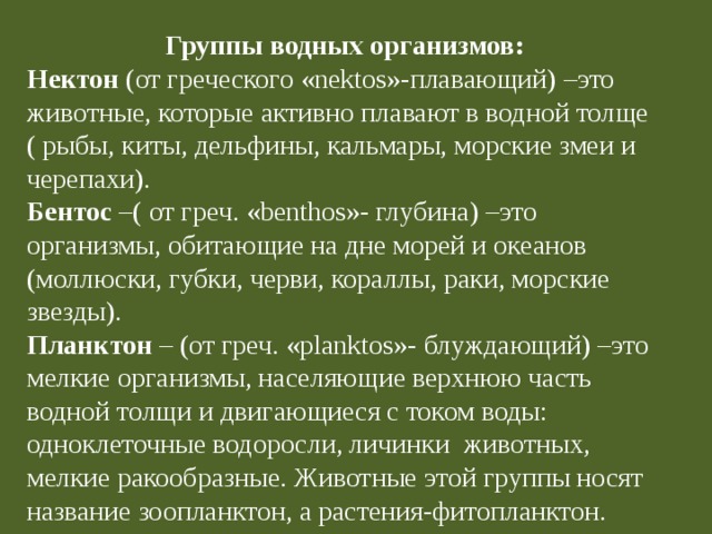 Группы водных организмов: Нектон (от греческого «nektos»-плавающий) –это животные, которые активно плавают в водной толще ( рыбы, киты, дельфины, кальмары, морские змеи и черепахи). Бентос –( от греч. «benthos»- глубина) –это организмы, обитающие на дне морей и океанов (моллюски, губки, черви, кораллы, раки, морские звезды). Планктон – (от греч. «planktos»- блуждающий) –это мелкие организмы, населяющие верхнюю часть водной толщи и двигающиеся с током воды: одноклеточные водоросли, личинки животных, мелкие ракообразные. Животные этой группы носят название зоопланктон, а растения-фитопланктон. 