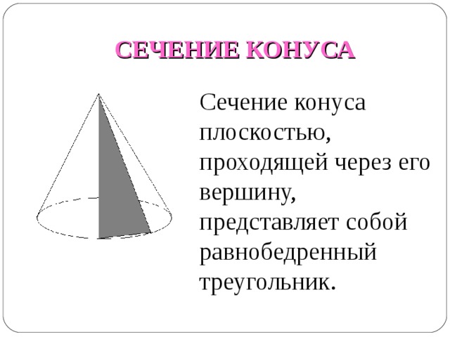 СЕЧЕНИЕ КОНУСА Сечение конуса плоскостью, проходящей через его вершину, представляет собой равнобедренный треугольник. 
