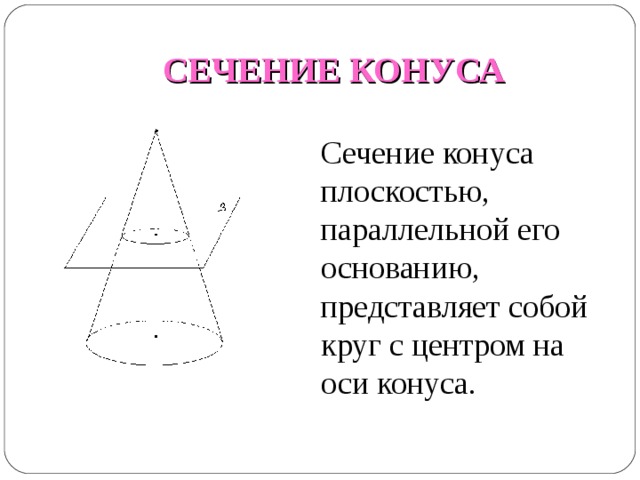 СЕЧЕНИЕ КОНУСА Сечение конуса плоскостью, параллельной его основанию, представляет собой круг с центром на оси конуса. 