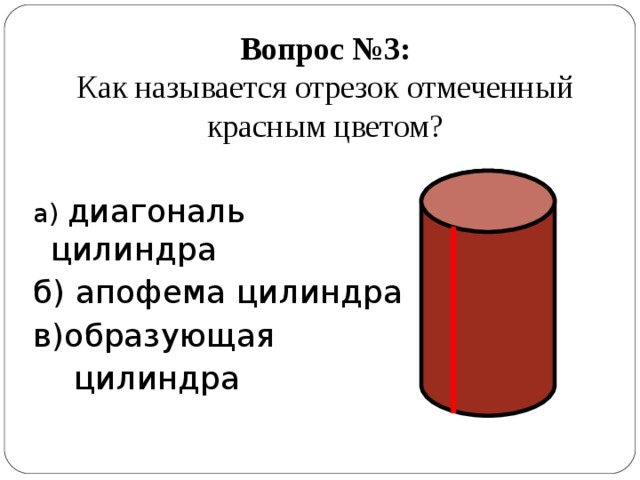 Вопрос №3:  Как называется отрезок отмеченный красным цветом? а) диагональ цилиндра б) апофема цилиндра в)образующая  цилиндра 
