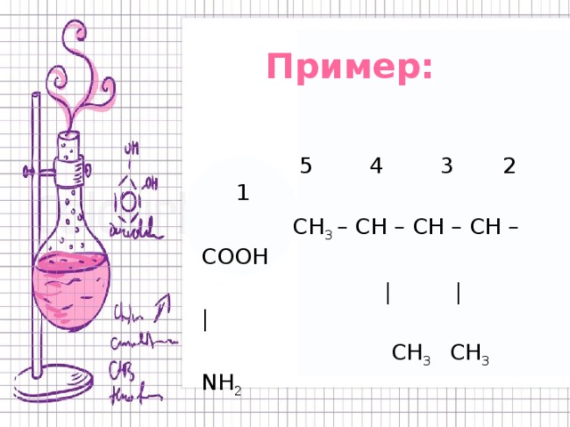 Пример:  5 4 3 2 1  СН 3 – СН – СН – СН – СООН  | | |  СН 3 СН 3 NH 2 