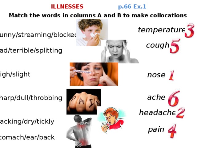 ILLNESSES p.66 Ex.1 Match the words in columns A and B to make collocations temperature Runny/streaming/blocked Bad/terrible/splitting High/slight Sharp/dull/throbbing Hacking/dry/tickly Stomach/ear/back cough nose ache headache pain 