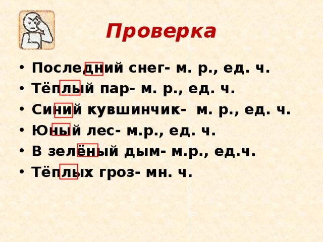 Проверка Последний снег- м. р., ед. ч. Тёплый пар- м. р., ед. ч. Синий кувшинчик- м. р., ед. ч. Юный лес- м.р., ед. ч. В зелёный дым- м.р., ед.ч. Тёплых гроз- мн. ч.  