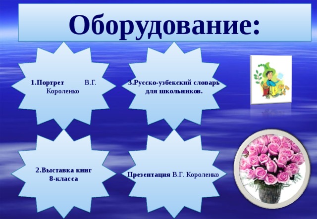 Оборудование: 1.Портрет В.Г. Короленко 3.Русско-узбекский словарь для школьников. 2.Выставка книг 8-класса Презентация В.Г. Короленко 