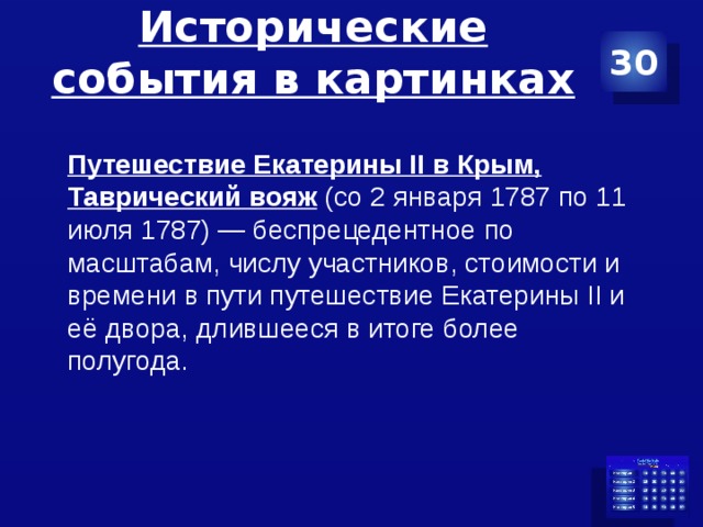 Исторические события в картинках 30 Путешествие Екатерины II в Крым, Таврический вояж  (со 2 января 1787 по 11 июля 1787) — беспрецедентное по масштабам, числу участников, стоимости и времени в пути путешествие Екатерины II и её двора, длившееся в итоге более полугода.  