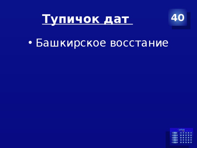 Тупичок дат 40 Башкирское восстание 