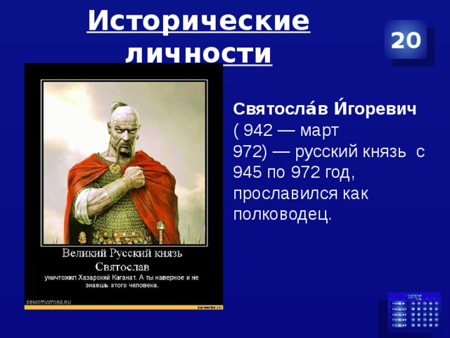 Исторические личности 20 Святосла́в И́горевич  ( 942 — март 972) — русский князь  с 945 по 972 год, прославился как полководец. 