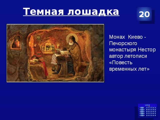 Темная лошадка 20 Монах Киево - Печорского монастыря Нестор автор летописи «Повесть временных лет» 
