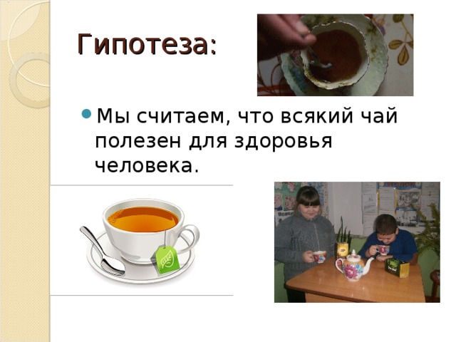 Гипотеза: Мы считаем, что всякий чай полезен для здоровья человека.  