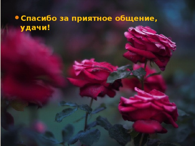 Спасибо за приятное общение, удачи! 