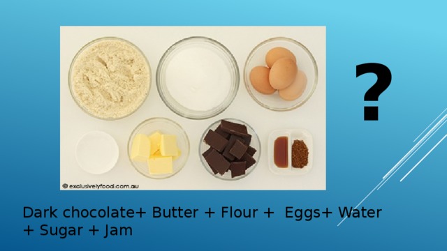 ? Dark chocolate+ Butter + Flour + Eggs+ Water + Sugar + Jam 