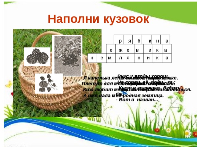 Наполни кузовок б я р н а и и а к ж е в и е е м л я н к з а и  Вкус у ягоды хорош,  Но сорви её поди - ка :  Куст в колючках, будто ёж, - Вот и назван...  Я капелька лета на тоненькой ножке. Плетут для меня кузовки и лукошки.  Кто любит меня, тот и рад поклониться.  А имя дала мне родная землица.  В сенокос горька,  А в мороз сладка. Что за ягодка? 