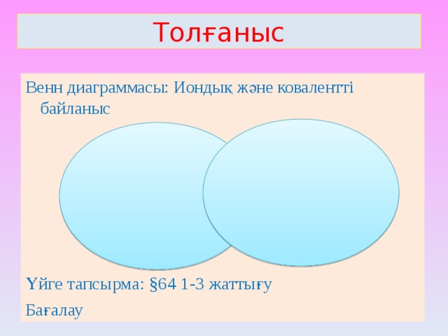 Толғаныс Венн диаграммасы: Иондық және ковалентті байланыс         Үйге тапсырма: §64 1-3 жаттығу Бағалау 