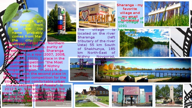 Sharanga - my favorite village and my small homeland The area of the village is 1091 hectares. The village got its name from the river (its name probably comes from Mar. the city — willow) The village is located on the river Sharanga (left tributary of the river Usta) 55 km South of Shakhunya, 185 km North-East of Nizhny Novgorod, 100 km North-West of Yoshkar-Ola. Sharanga is called the 