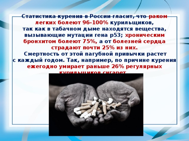 Статистика курения в России гласит, что раком легких болеют 96-100% курильщиков, так как в табачном дыме находятся вещества, вызывающие мутации гена p53; хроническим бронхитом болеют 75%, а от болезней сердца страдают почти 25% из них. Смертность от этой пагубной привычки растет с каждый годом. Так, например, по причине курения ежегодно умирает раньше 26% регулярных курильщиков сигарет.