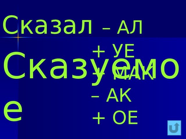 Сказал – АЛ  + УЕ  + МАК – АК  + ОЕ Сказуемое 