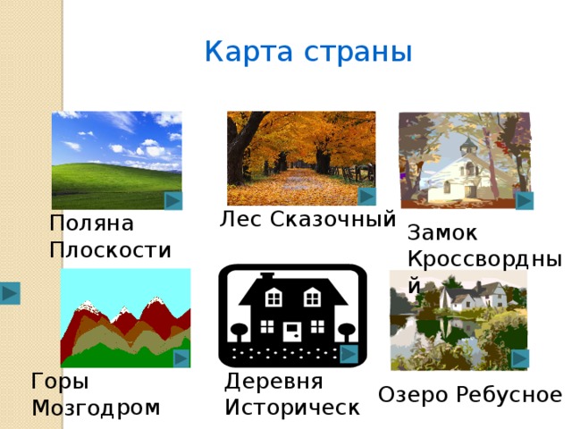 Горы Мозгодром Карта страны Лес Сказочный Поляна Плоскости Замок Кроссвордный Деревня Историческая Озеро Ребусное 