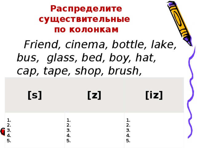 Распределите существительные по колонкам  Friend, cinema, bottle, lake, bus, glass, bed, boy, hat, cap, tape, shop, brush, bench, box. [s] 1. 2. 3. 4. 5. [z] [iz] 1. 2. 3. 4. 5. 1. 2. 3. 4. 5. 