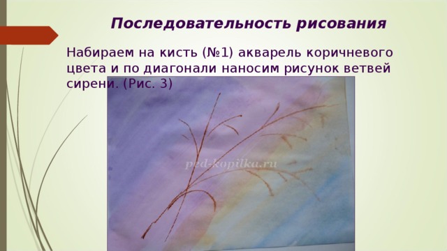 Последовательность рисования  Набираем на кисть (№1) акварель коричневого цвета и по диагонали наносим рисунок ветвей сирени. (Рис. 3) 