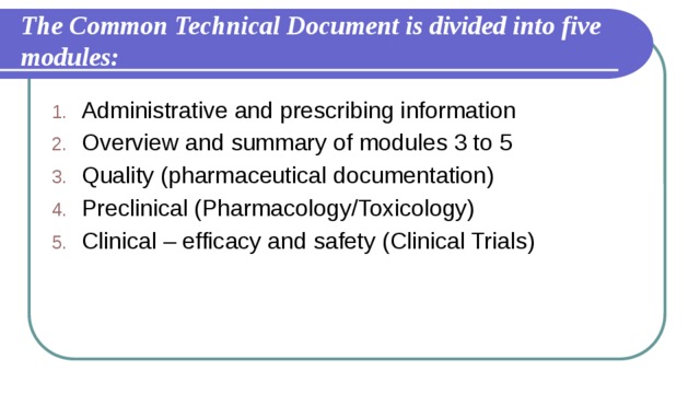 The Common Technical Document is divided into five modules: Administrative and prescribing information Overview and summary of modules 3 to 5 Quality (pharmaceutical documentation) Preclinical (Pharmacology/Toxicology) Clinical – efficacy and safety (Clinical Trials) 