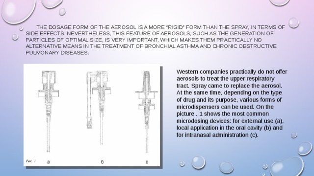   The dosage form of the aerosol is a more “rigid” form than the spray, in terms of side effects. Nevertheless, this feature of aerosols, such as the generation of particles of optimal size, is very important, which makes them practically no alternative means in the treatment of bronchial asthma and chronic obstructive pulmonary diseases. Western companies practically do not offer aerosols to treat the upper respiratory tract. Spray came to replace the aerosol. At the same time, depending on the type of drug and its purpose, various forms of microdispensers can be used. On the picture . 1 shows the most common microdosing devices: for external use (a), local application in the oral cavity (b) and for intranasal administration (c). 