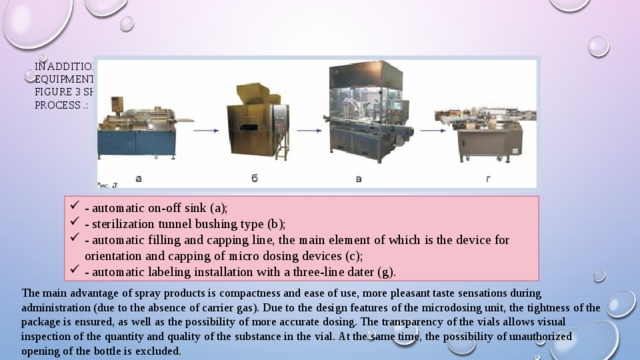 In addition, firms developed and manufactured the entire technological line of equipment, which is necessary for the production of medicines in the form of a spray. Figure 3 shows the main positions of the equipment used in the spray manufacturing process .: - automatic on-off sink (a); - sterilization tunnel bushing type (b); - automatic filling and capping line, the main element of which is the device for orientation and capping of micro dosing devices (c); - automatic labeling installation with a three-line dater (g). The main advantage of spray products is compactness and ease of use, more pleasant taste sensations during administration (due to the absence of carrier gas). Due to the design features of the microdosing unit, the tightness of the package is ensured, as well as the possibility of more accurate dosing. The transparency of the vials allows visual inspection of the quantity and quality of the substance in the vial. At the same time, the possibility of unauthorized opening of the bottle is excluded. 