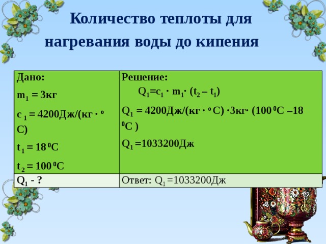 Количество теплоты для  нагревания воды до кипения   Дано: m 1 = 3кг Решение: Q 1 =c 1  ∙ m 1 ∙ (t 2 – t 1 ) Q 1 - ? Q 1 = 4200Дж/(кг ∙ о С)  ∙ 3кг ∙ ( 100 0 С – 18 0 С ) Ответ: Q 1 =1033200Дж с 1 = 4200Дж/(кг ∙ о С) t 1 = 18 0 С Q 1 =1033200Дж t 2 = 100 0 С 