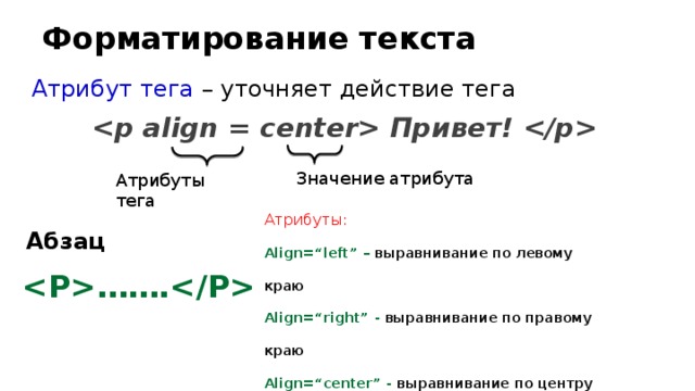 Форматирование текста Атрибут тега – уточняет действие тега  Привет!  Значение атрибута Атрибуты тега Атрибуты: Align=“left” – выравнивание по левому краю Align=“right” - выравнивание по правому краю Align=“center” - выравнивание по центру Align=“justify” - выравнивание по ширине Абзац ……. 
