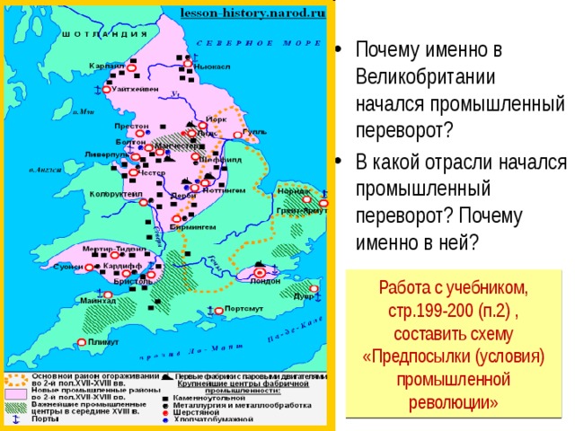 Почему именно в Великобритании начался промышленный переворот? В какой отрасли начался промышленный переворот? Почему именно в ней? Работа с учебником, стр.199-200 (п.2) , составить схему «Предпосылки (условия) промышленной революции» 