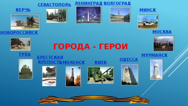 ЛЕНИНГРАД ВОЛГОГРАД СЕВАСТОПОЛЬ КЕРЧЬ МИНСК МОСКВА НОВОРОССИЙСК ГОРОДА - ГЕРОИ ТУЛА МУРМАНСК БРЕСТСКАЯ  КРЕПОСТЬ ОДЕССА СМОЛЕНСК КИЕВ 