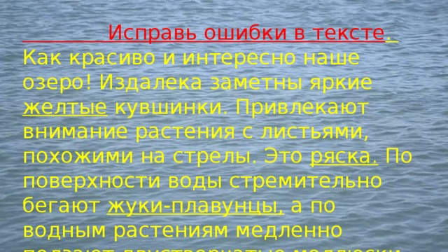  Исправь ошибки в тексте . Как красиво и интересно наше озеро! Издалека заметны яркие желтые кувшинки. Привлекают внимание растения с листьями, похожими на стрелы. Это ряска. По поверхности воды стремительно бегают жуки-плавунцы, а по водным растениям медленно ползают двустворчатые моллюски, прудовики и катушки 