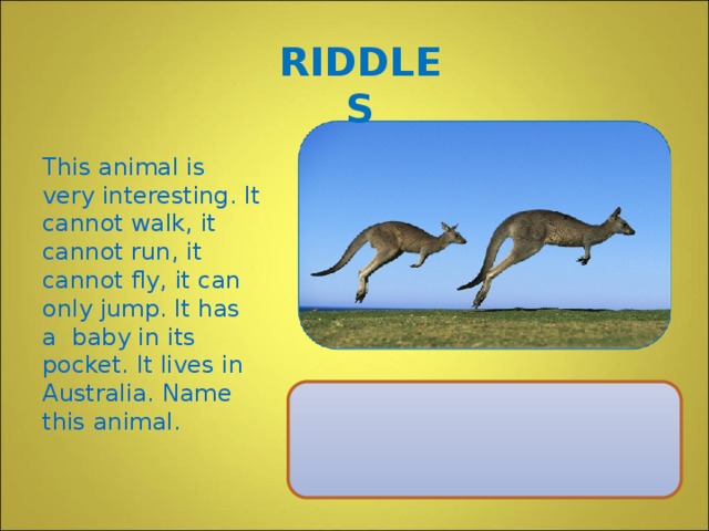 RIDDLES This animal is very interesting. It cannot walk, it cannot run, it cannot fly, it can only jump. It has a baby in its pocket. It lives in Australia. Name this animal.