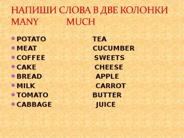 POTATO TEA MEAT CUCUMBER COFFEE SWEETS CAKE CHEESE BREAD APPLE MILK CARROT TOMATO BUTTER CABBAGE JUICE