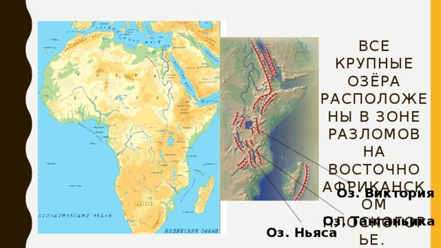 Все крупные озёра расположены в зоне разломов на Восточно Африканском плоскогорье. Оз. Виктория Оз. Танганьика Оз. Ньяса 