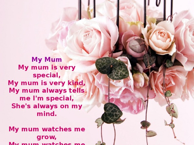 My Mum  My mum is very special,  My mum is very kind,  My mum always tells me I'm special,  She's always on my mind.   My mum watches me grow,  My mum watches me cry,  Of course she'll always know,  She'll never have to tell me goodbye.  