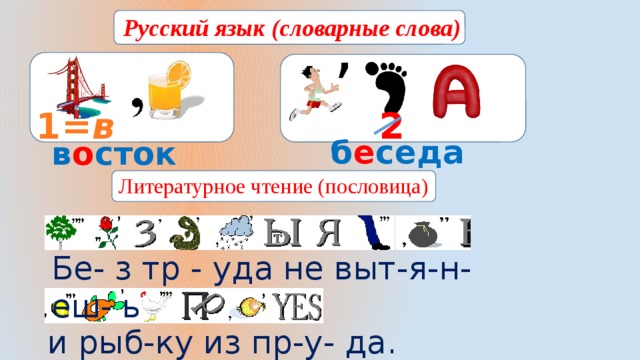 , Русский язык (словарные слова) 2 1= в б е седа в о сток Литературное чтение (пословица) Бе- з тр - уда не выт-я-н- еш- ь и рыб-ку из пр-у- да.