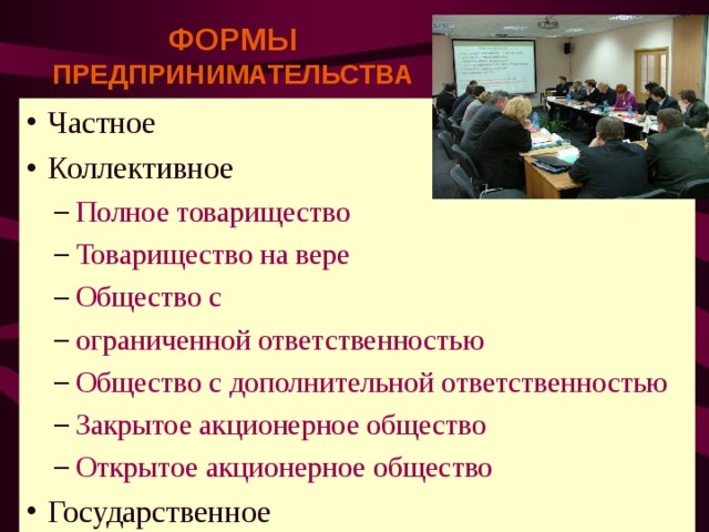 ФОРМЫ ПРЕДПРИНИМАТЕЛЬСТВА Частное Коллективное Полное товарищество  Товарищество на вере  Общество с ограниченной ответственностью  Общество с дополнительной ответственностью  Закрытое акционерное общество  Открытое акционерное общество  Полное товарищество  Товарищество на вере  Общество с ограниченной ответственностью  Общество с дополнительной ответственностью  Закрытое акционерное общество  Открытое акционерное общество  Государственное 