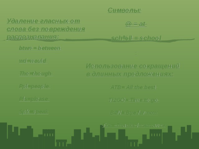 Символы: @ = at sch%ll = school Удаление гласных от слова без повреждения распознавания : btwn = between wd=would Tho=though Ppl=people Pls=please Spk=speak Использование сокращений в длинных предложениях: ATB= All the best Ti2GO= Time to go B4N= Bye for now TIA= Thanks in advance