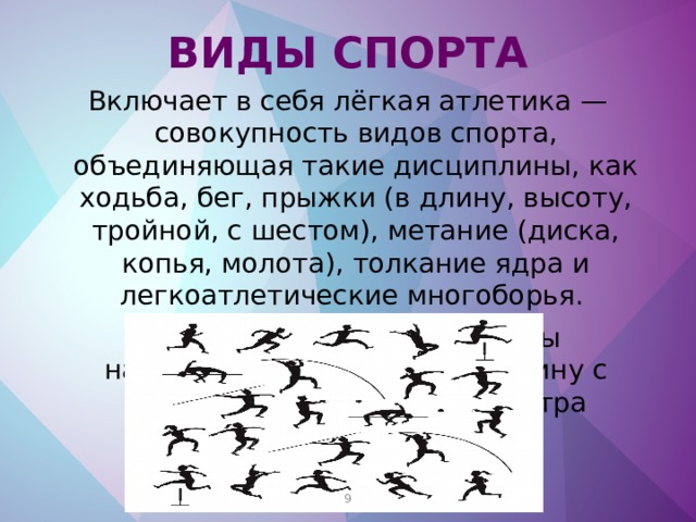 Виды спорта Включает в себя лёгкая атлетика — совокупность видов спорта, объединяющая такие дисциплины, как ходьба, бег, прыжки (в длину, высоту, тройной, с шестом), метание (диска, копья, молота), толкание ядра и легкоатлетические многоборья. Но в школьной программе мы наблюдаем: бег, прыжки в длину с места, метание в длину, быстра ходьба.  