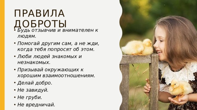 Правила доброты Будь отзывчив и внимателен к людям. Помогай другим сам, а не жди, когда тебя попросят об этом. Люби людей знакомых и незнакомых. Призывай окружающих к хорошим взаимоотношениям. Делай добро. Не завидуй. Не груби. Не вредничай. 