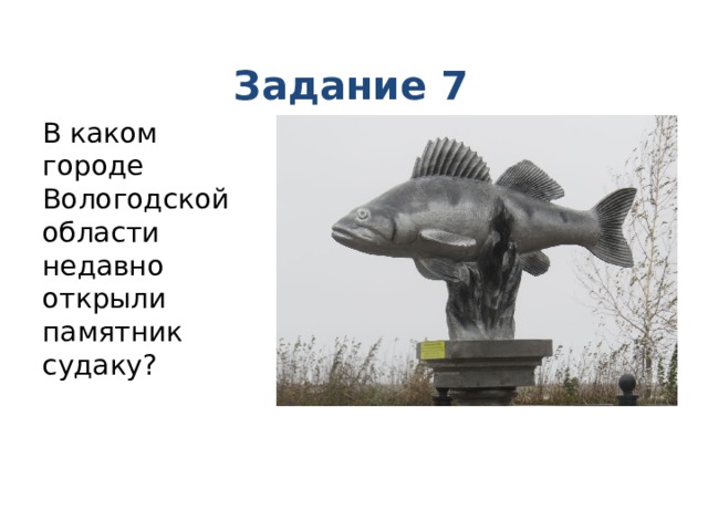 Задание 7 В каком городе Вологодской области недавно открыли памятник судаку? 