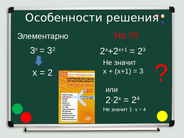 Особенности решения Но !!!! Элементарно 3 х  = 3 2 х = 2 2 х +2 х+1  = 2 3 ? Не значит х + (х+1) = 3  или  2·2 х  = 2 4 Не значит 1 · х = 4 