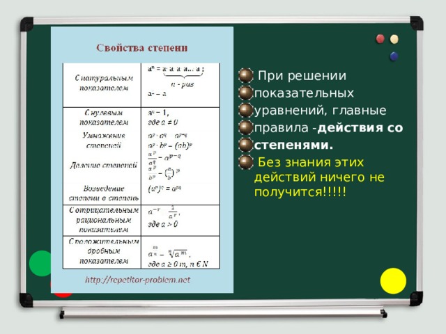  При решении показательных уравнений, главные правила - действия со степенями.    Без знания этих действий ничего не получится!!!!! 