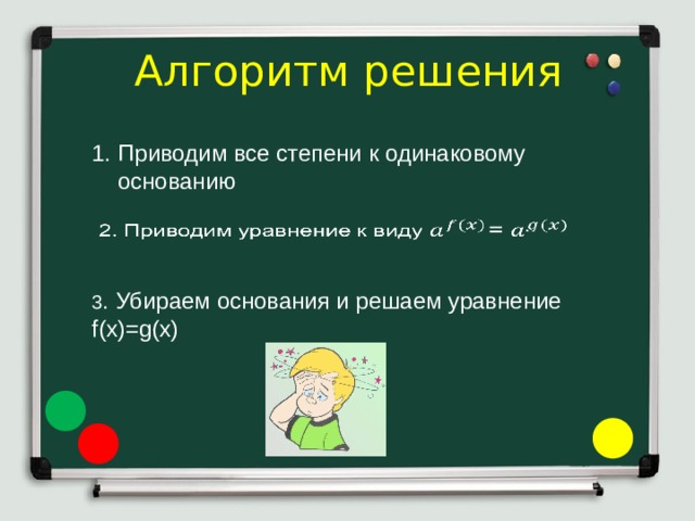 Алгоритм решения Приводим все степени к одинаковому основанию   3 . Убираем основания и решаем уравнение f(x)=g(x) 