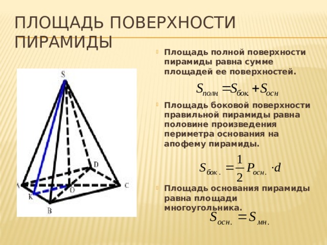 Площадь поверхности пирамиды Площадь полной поверхности пирамиды равна сумме площадей ее поверхностей. Площадь боковой поверхности правильной пирамиды равна половине произведения периметра основания на апофему пирамиды. Площадь основания пирамиды равна площади многоугольника. 