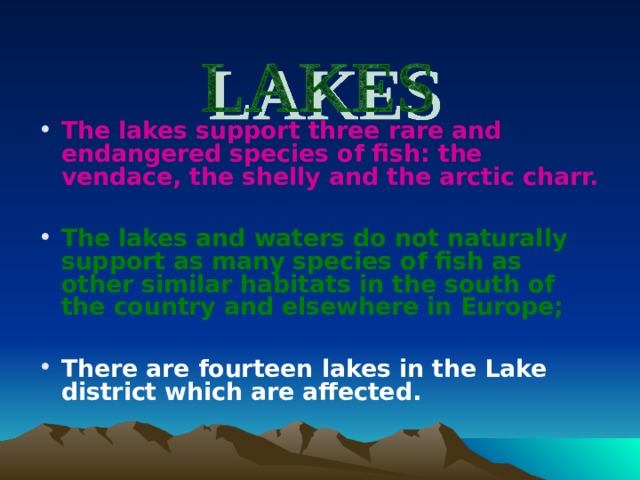 The lakes support three rare and endangered species of fish: the vendace, the shelly and the arctic charr.   The lakes and waters do not naturally support as many species of fish as other similar habitats in the south of the country and elsewhere in Europe;  There are fourteen lakes in the Lake district which are affected. 