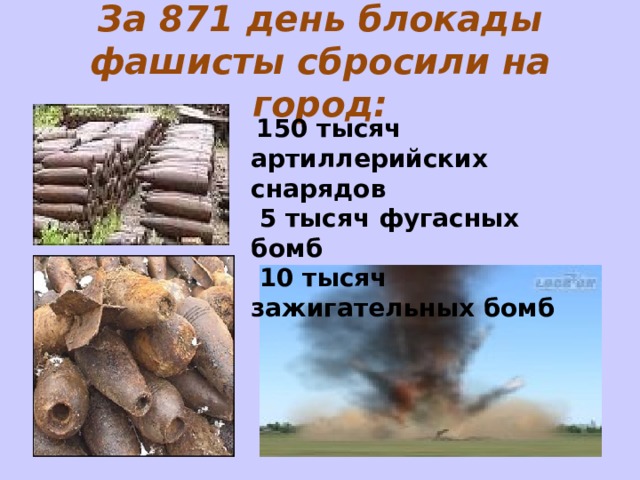 За 871 день блокады фашисты сбросили на город:  150 тысяч артиллерийских снарядов  5 тысяч фугасных бомб  10 тысяч зажигательных бомб 
