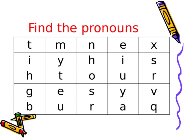 Find the pronouns t m i n y h e t h g b e o i x u u s s r y r a v q 